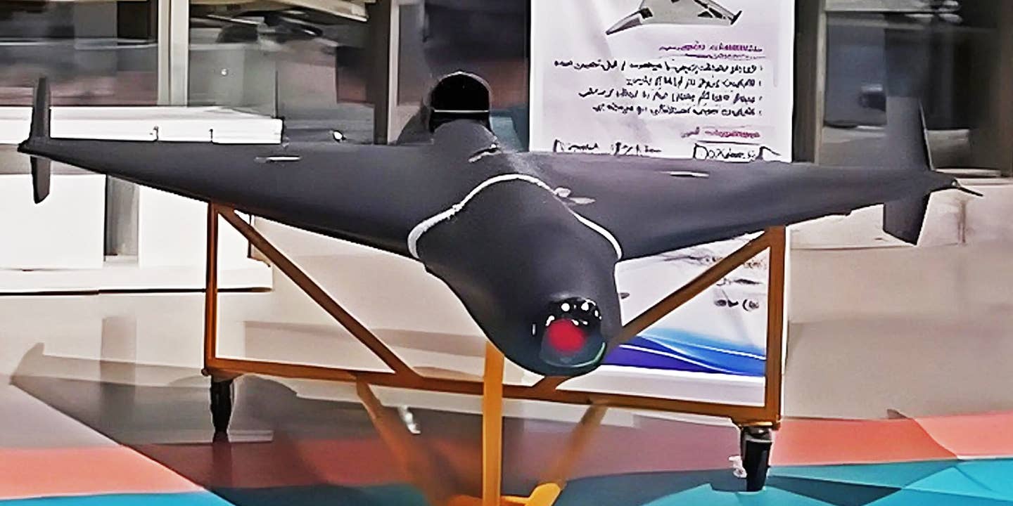 Iranian Shahed-238 drone at the Islamic Revolutionary Guard Corps (IRGC) aerospace achievement exhibition at Ashura Aerospace Science and Technology University, in Tehran, Iran on November 19, 2023.