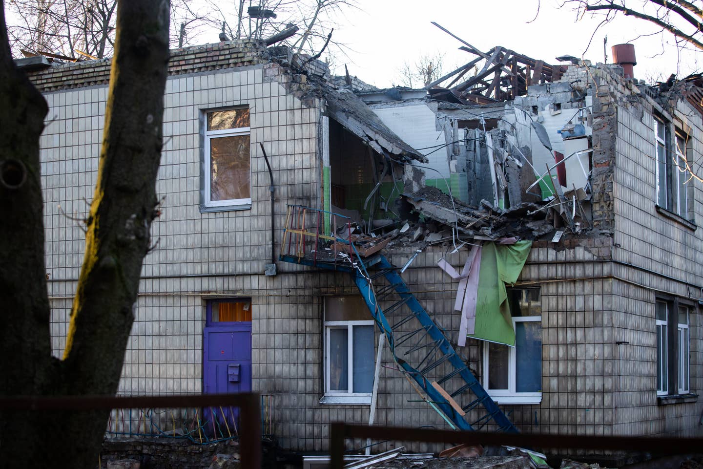 A building of a preschool in Solomianskyi district lies partially destroyed by a drone fragment on November 25, 2023, in Kyiv, Ukraine. Photo by Yevhenii Zavhorodnii/Global Images Ukraine via Getty Images