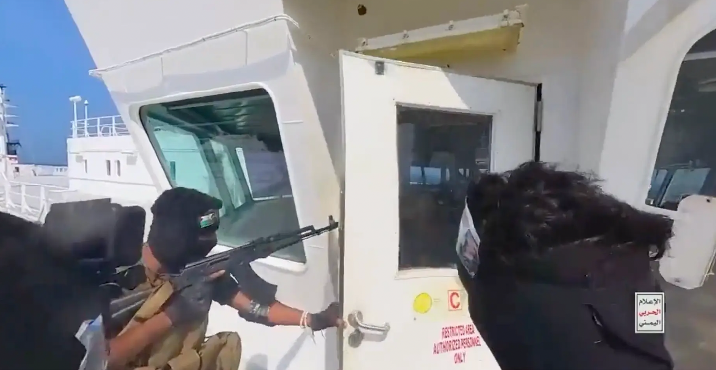 In a still from a video they released, Houthi rebels approach and then enter the bridge of the M/S <em>Galaxy Leader </em>in the Red Sea last week. <em>Houthi screencap</em>