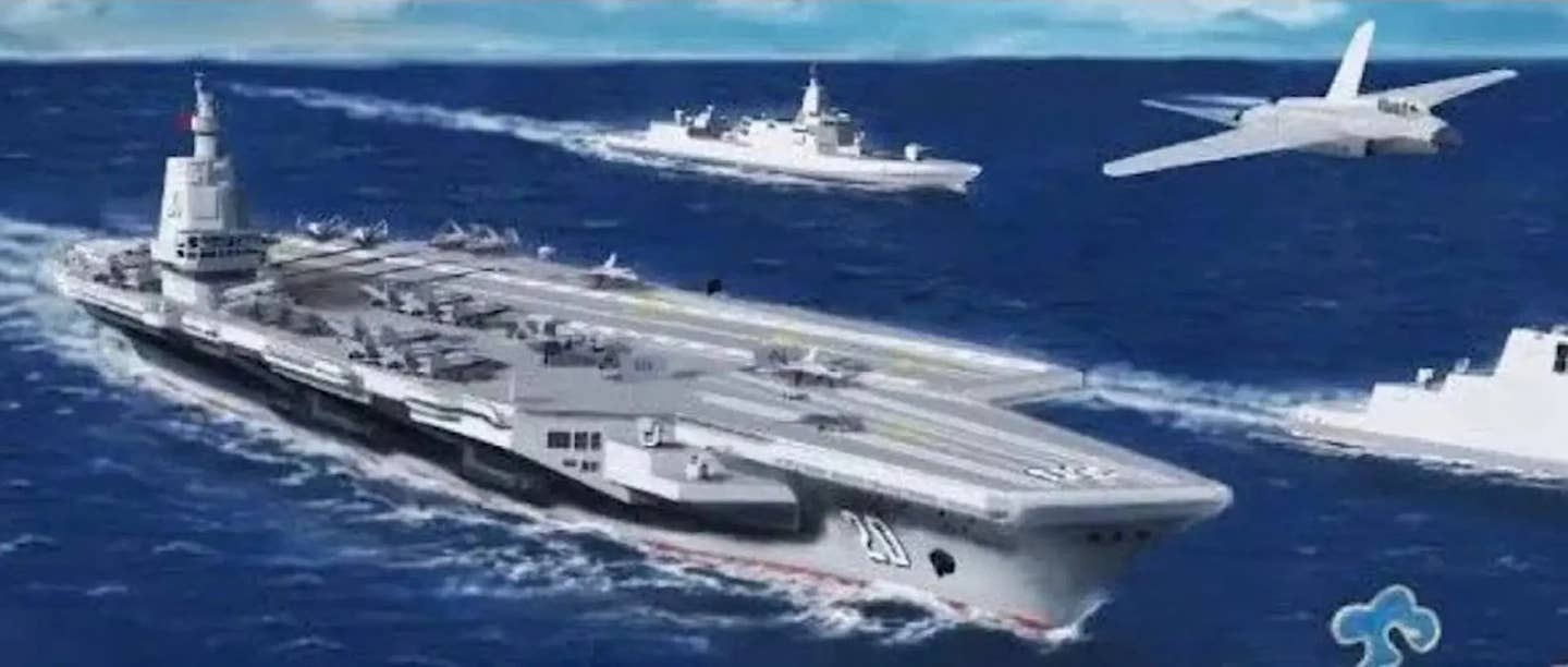 A rendering of a future Chinese aircraft carrier design. <em>Chinese Internet via @HenriKenhmann </em>
