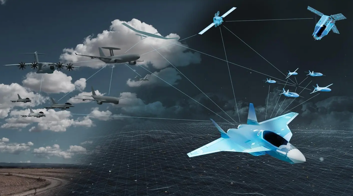 An Airbus concept showing an NGF connected via satellite-based Combat Cloud to <a href="https://www.airbus.com/en/newsroom/press-releases/2022-12-remote-carrier-demonstrator-released-and-operated-from-flying-a400m">Remote Carriers</a>, as well as a variety of legacy combat and support platforms.&nbsp;<em>Airbus</em>