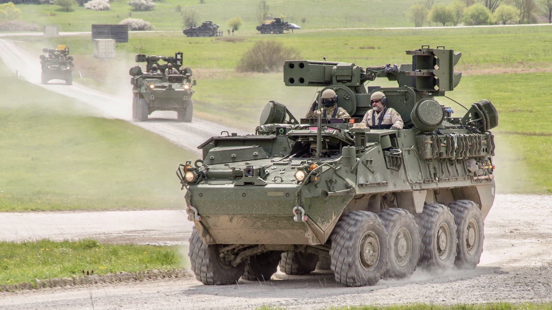 U.S. Army Soldiers with C - Battery, 5th Battalion, 4th Air Defense Artillery, 10th Army Air &amp; Missile Defense Command, conduct drivers Training on the M-SHORAD Stryker, April 23, 2023, at the Oberdachstetten Range Complex, Germany