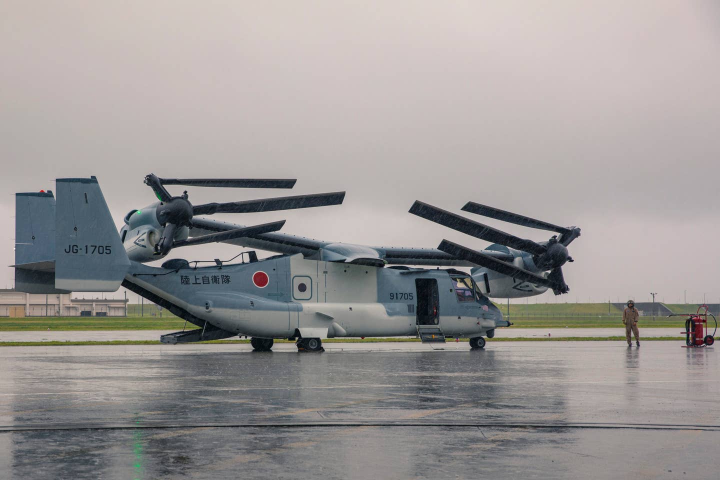 A V-22 bound for the Japan Ground Self-Defense Force based at Camp Kisarazu prepares to depart Marine Corps Air Station Iwakuni, Japan, July 6, 2020. The ferry flight from Iwakuni marked the delivery of the first V-22 to the Japan Self-Defense Force. <em>U.S. Marine Corps photo by Cpl. Lauren Brune/Released</em>