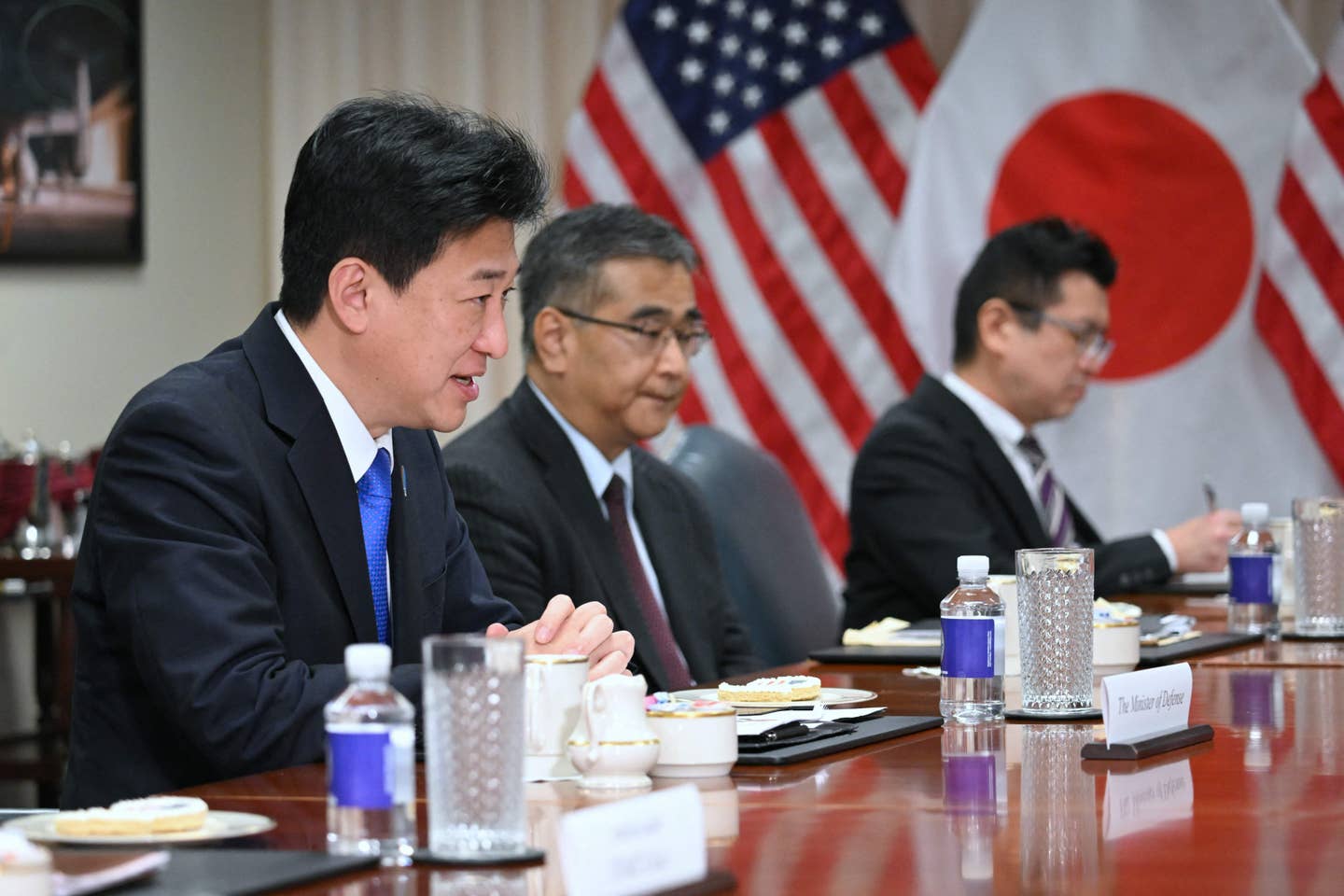 Japanese Minister of Defense Minoru Kihara during a meeting at the Pentagon in Washington, on October 4, 2023. <em>Photo by MANDEL NGAN/AFP via Getty Images</em>