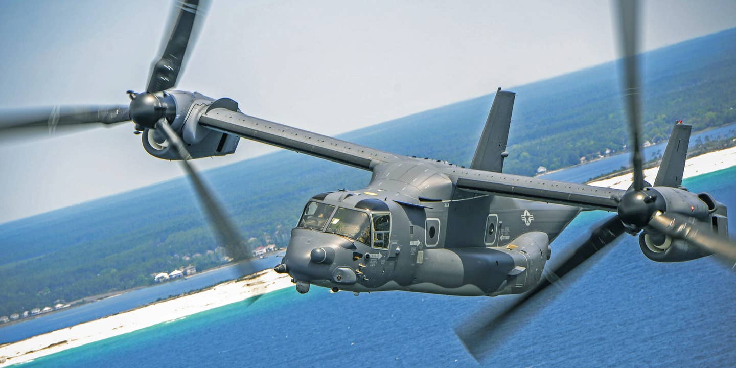 This versatile, self-deployable aircraft offers increased speed and range over other rotary-wing aircraft, enabling Air Force Special Operations Command aircrews to execute long-range special operations missions. The CV-22 can perform missions that normally would require both fixed-wing and rotary-wing aircraft. The CV-22 takes off vertically and, once airborne, the nacelles (engine and prop-rotor group) on each wing can rotate into a forward position.