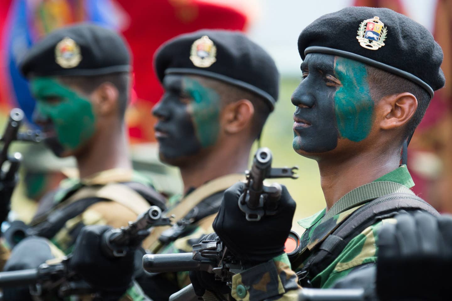 Members of the Venezuelan Army take part in a military parade in Tumeremo, Bolivar State, in Venezuela, not far from the border with Guyana, on July 21, 2015. <em>FEDERICO PARRA/AFP via Getty Images</em>