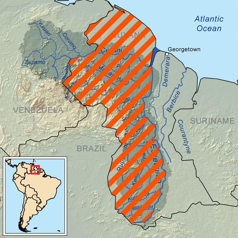 A map of Essequiba; the area shaded in orange is the area claimed by Venezuela. <em>Wikimedia Commons</em>