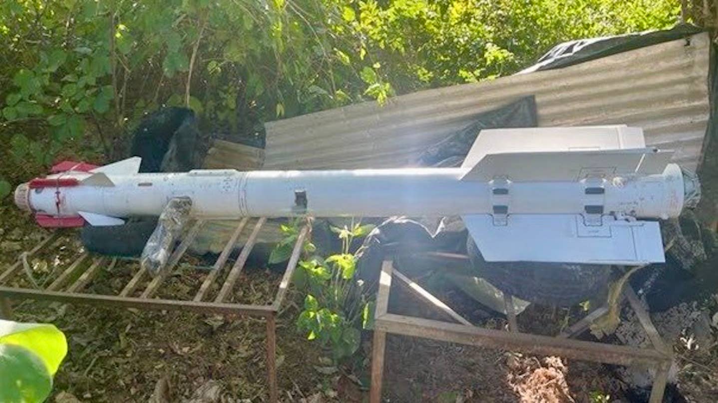 A R-73 air-to-air missile pictured at a residential address in Venezuela