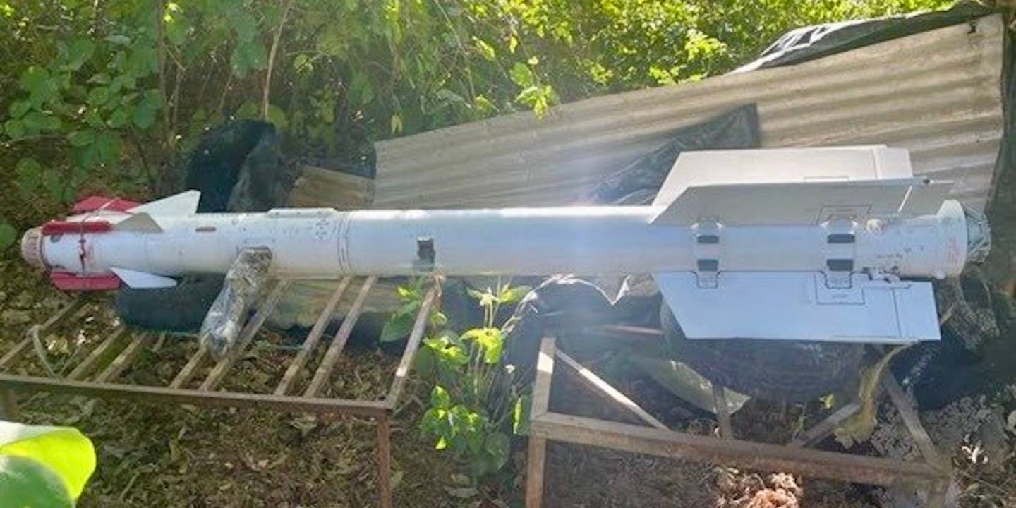 A R-73 air-to-air missile pictured at a residential address in Venezuela