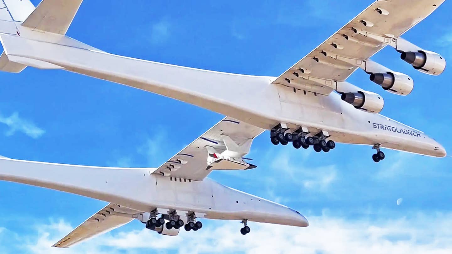 Stratolaunch Roc aircraft conducts a captive-carry test flight with the Talon-A hypersonic vehicle.