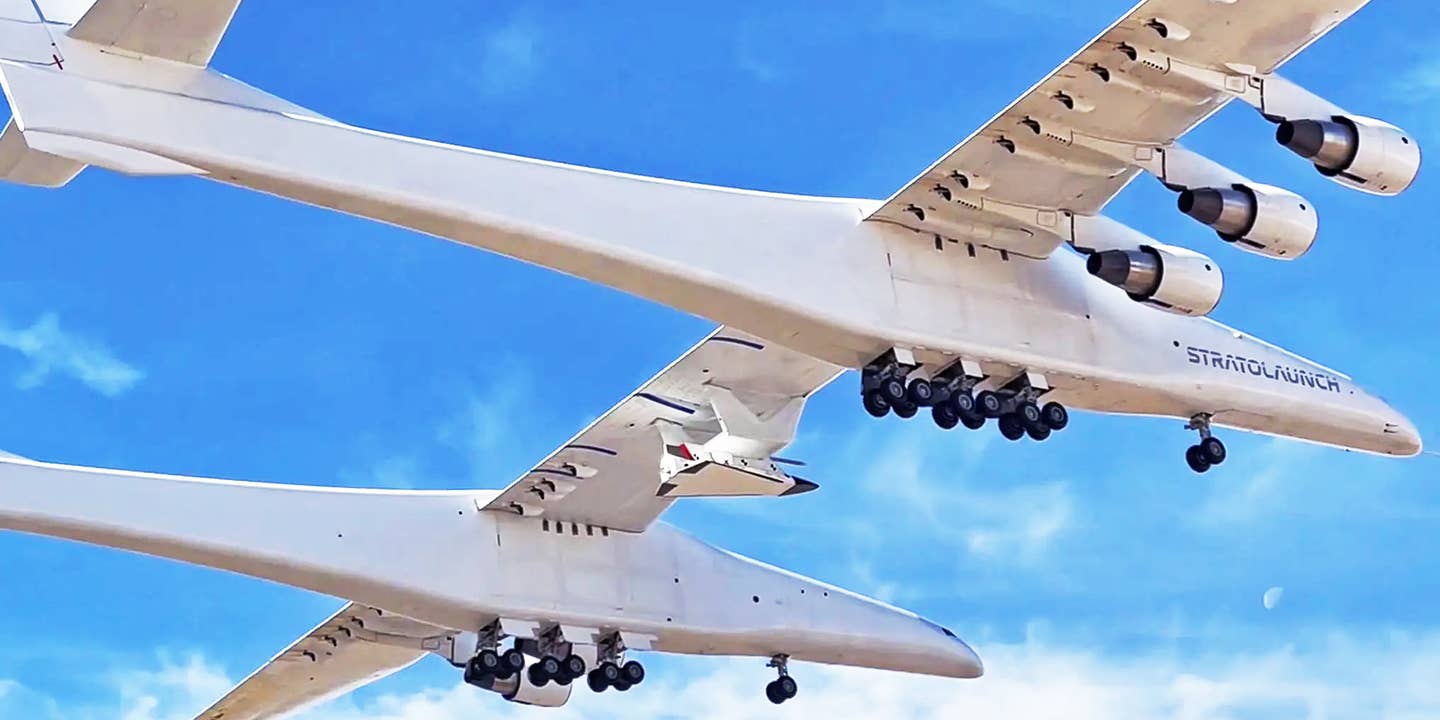 Stratolaunch Roc aircraft conducts a captive-carry test flight with the Talon-A hypersonic vehicle.