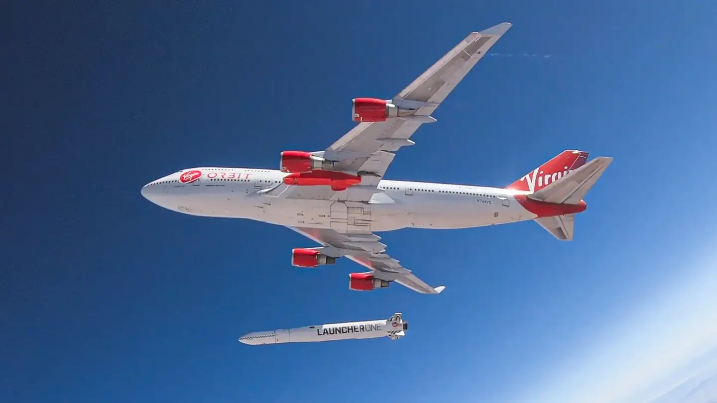 The Virgin Orbit Boeing 747-400 deploys the two-stage rocket, known as LauncherOne. This former Virgin Atlantic passenger jet was transferred to Virgin Orbit in 2015 and modified for launch duties and is now part of the Stratolaunch fleet. <em>Virgin Orbit </em>