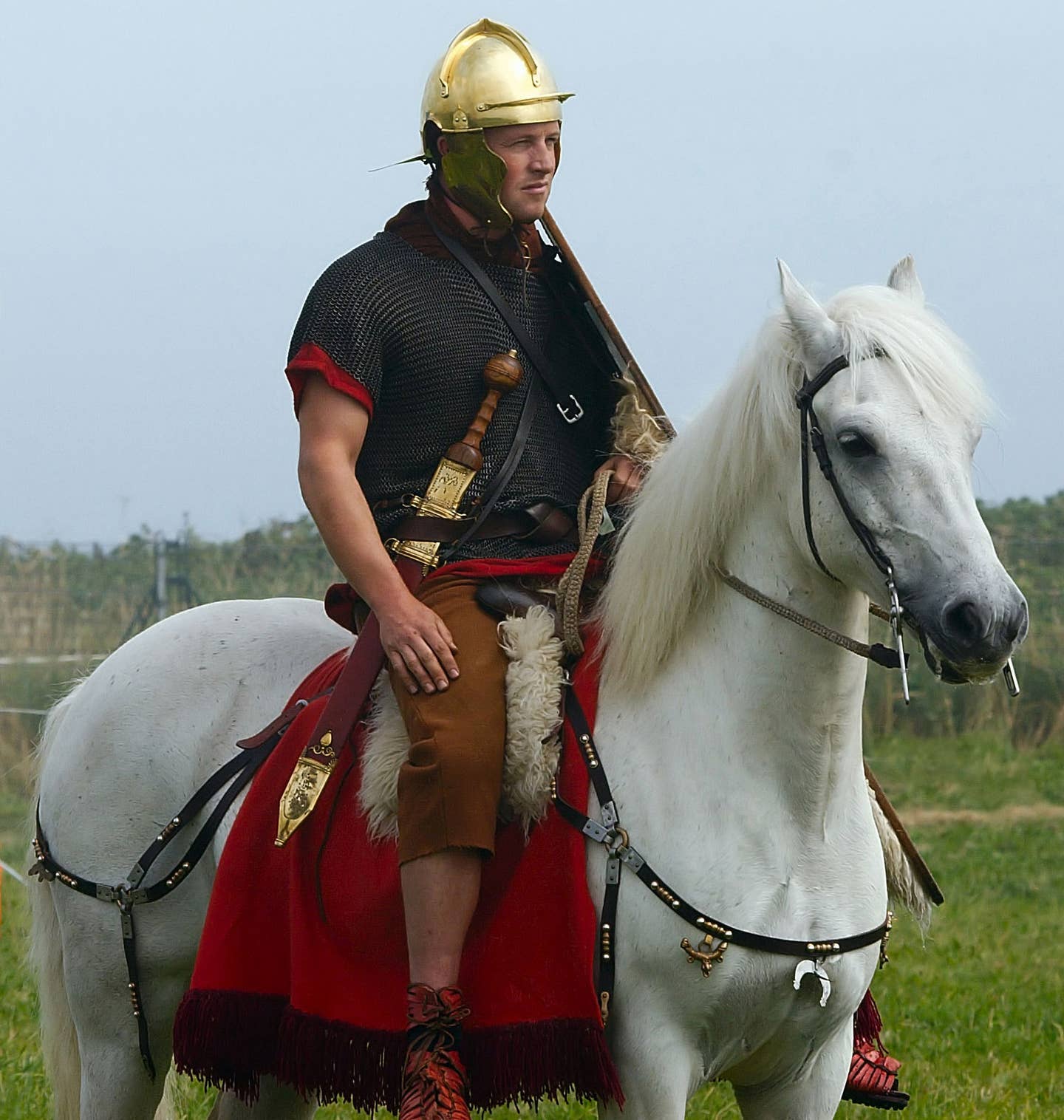Roman cavalry&nbsp;reenactor wearing a replica&nbsp;<em>spatha</em>.  <em>David Friel via Wikimedia Commons, CC-BY-2.0</em>