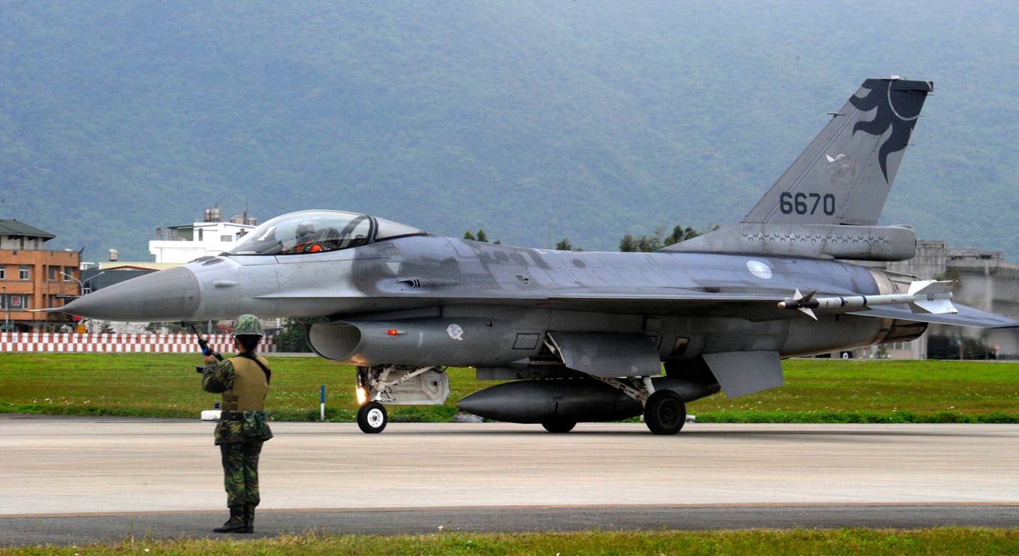 A ROCAF F-16A prepares for takeoff at the eastern Hualien Air Base on January 23, 2013. <em>SAM YEH/AFP via Getty Images</em>