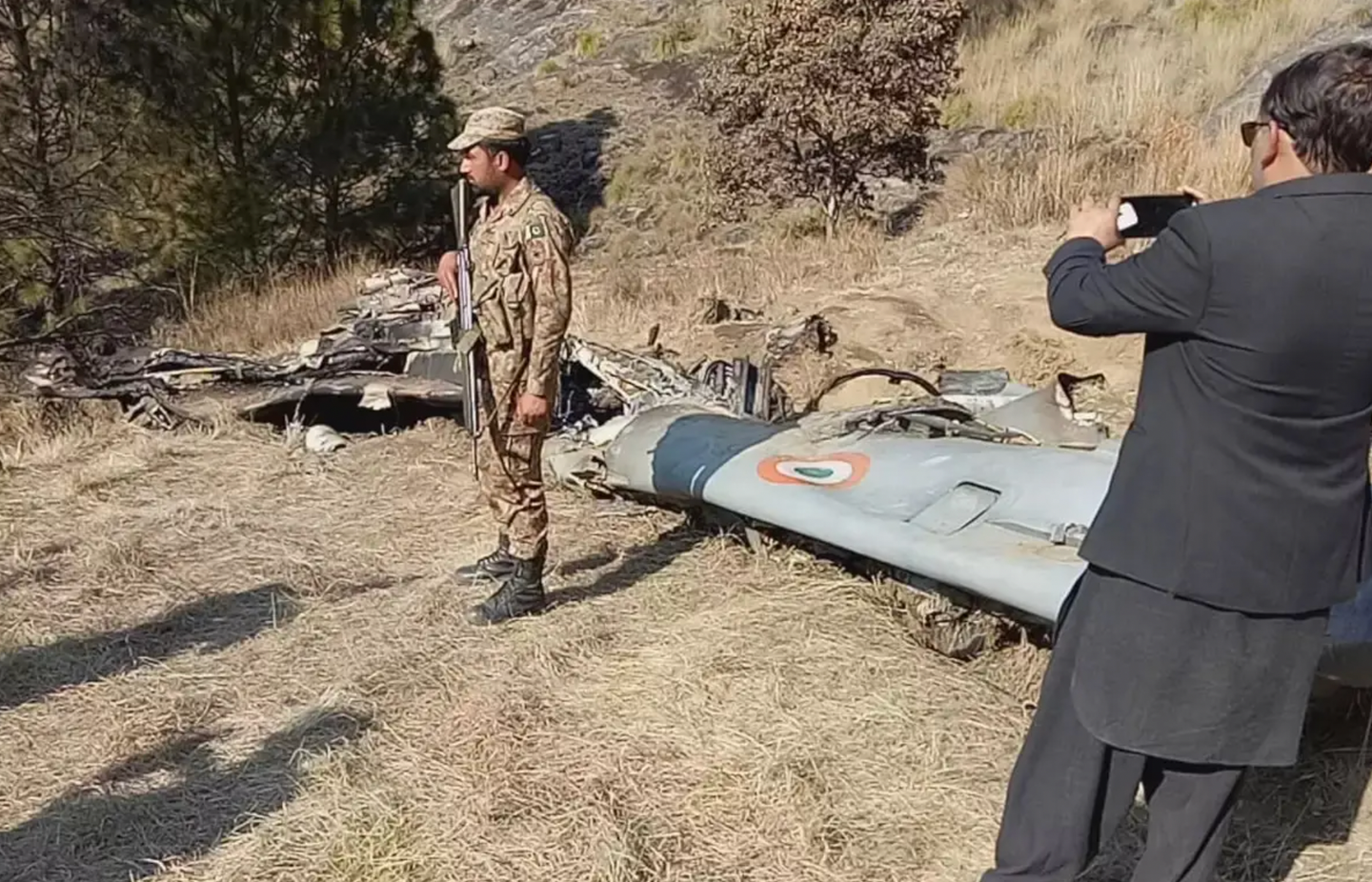 Part of the wreckage of the MiG-21 Bison, flown by Wing Commander Abhinandan Varthaman, shot down during the Balakot confrontation in 2019.&nbsp;<em>AP Photo/Abdul Razzaq</em>