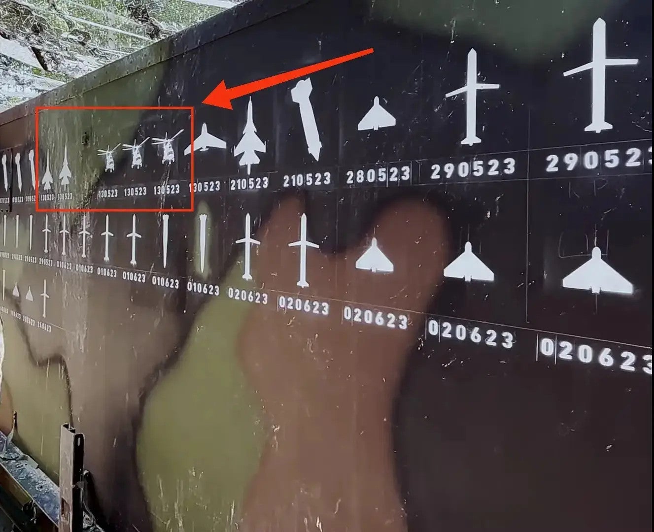 Screen capture of the Ukrainian Air Force video shows images of three Russian helicopters and two Russian fighters painted on the side of a Patriot air defense battery. The three helicopter and two jet images bear the date May 13. Defense Industry of Ukraine 