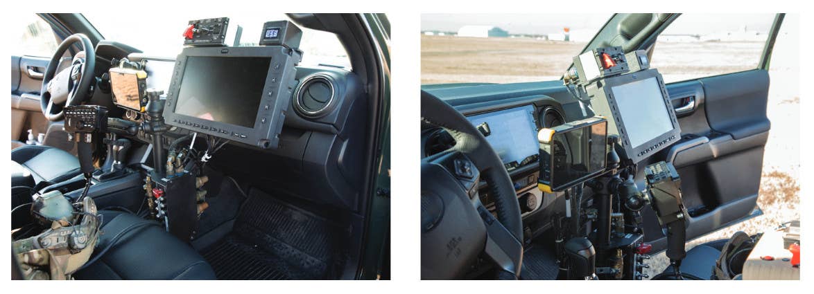Pictures showing elements of the VAMPIRE fire control system as installed inside the cab of a pickup truck. <em>L3Harris</em>
