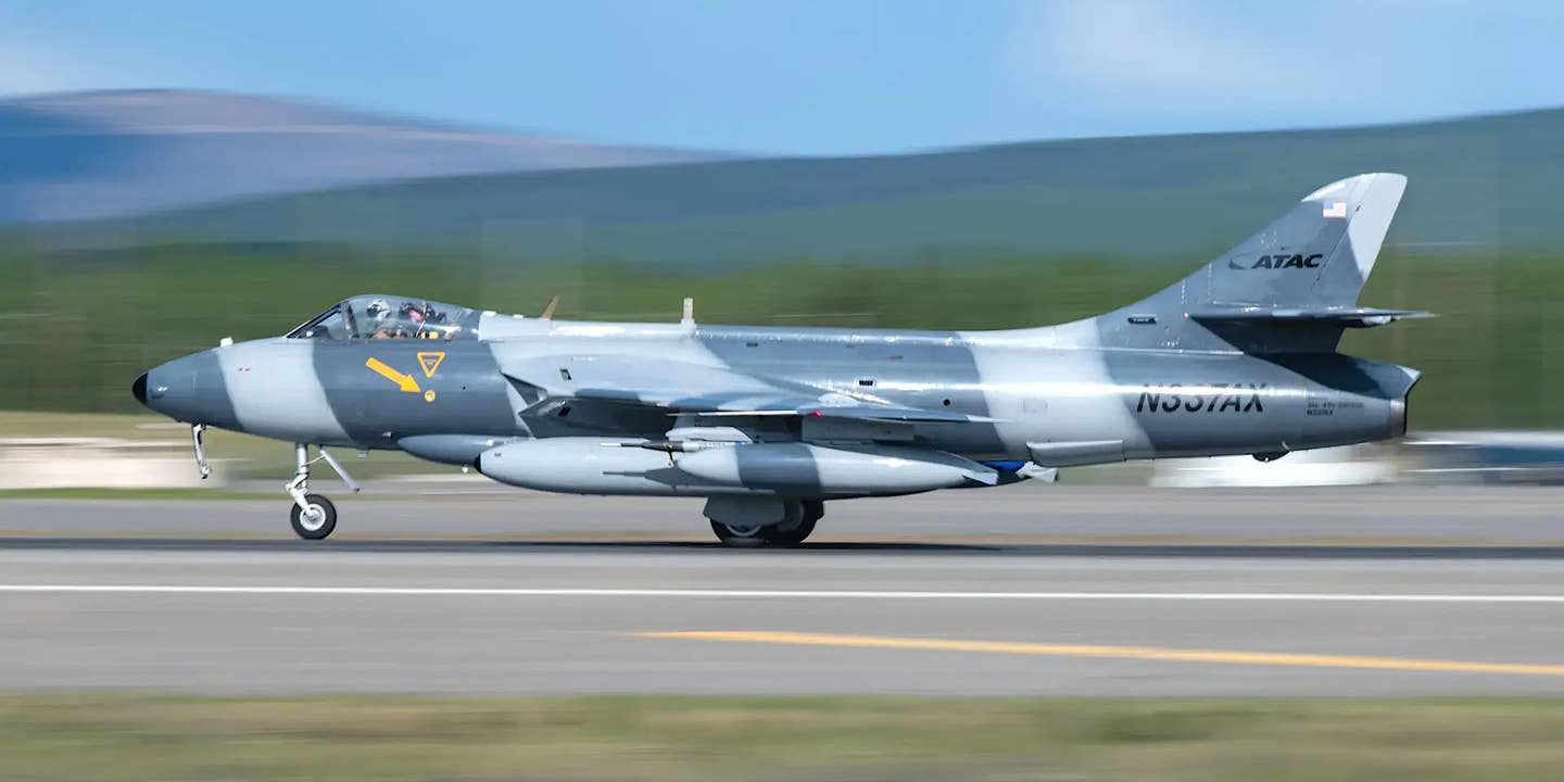 A Hawker Hunter Mk 58 jet belonging to private contractor ATAC ended up in a grassy field at Naval Air Station Key West after an aborted takeoff on December 6, 2023.