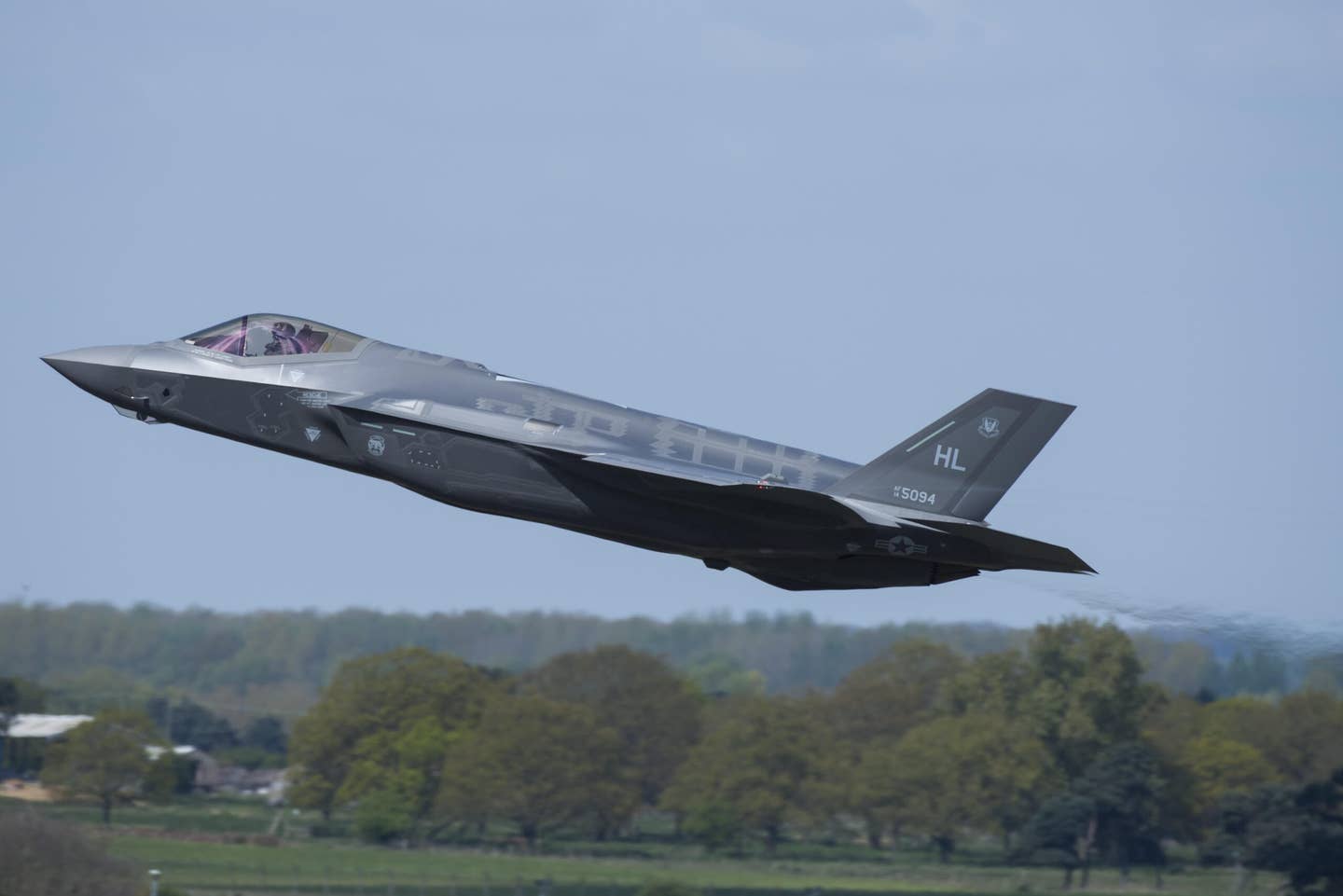 A U.S. Air Force F-35A from the 34th Fighter Squadron at Hill Air Force Base, Utah, launches for a sortie at RAF Lakenheath, England, April 19, 2017. <em>U.S. Air Force photo/Senior Airman Malcolm Mayfield</em><br>