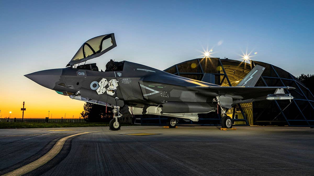 A Royal Air Force F-35B from No. 617 Squadron during sunset at RAF Marham. <em>Crown Copyright</em><br>