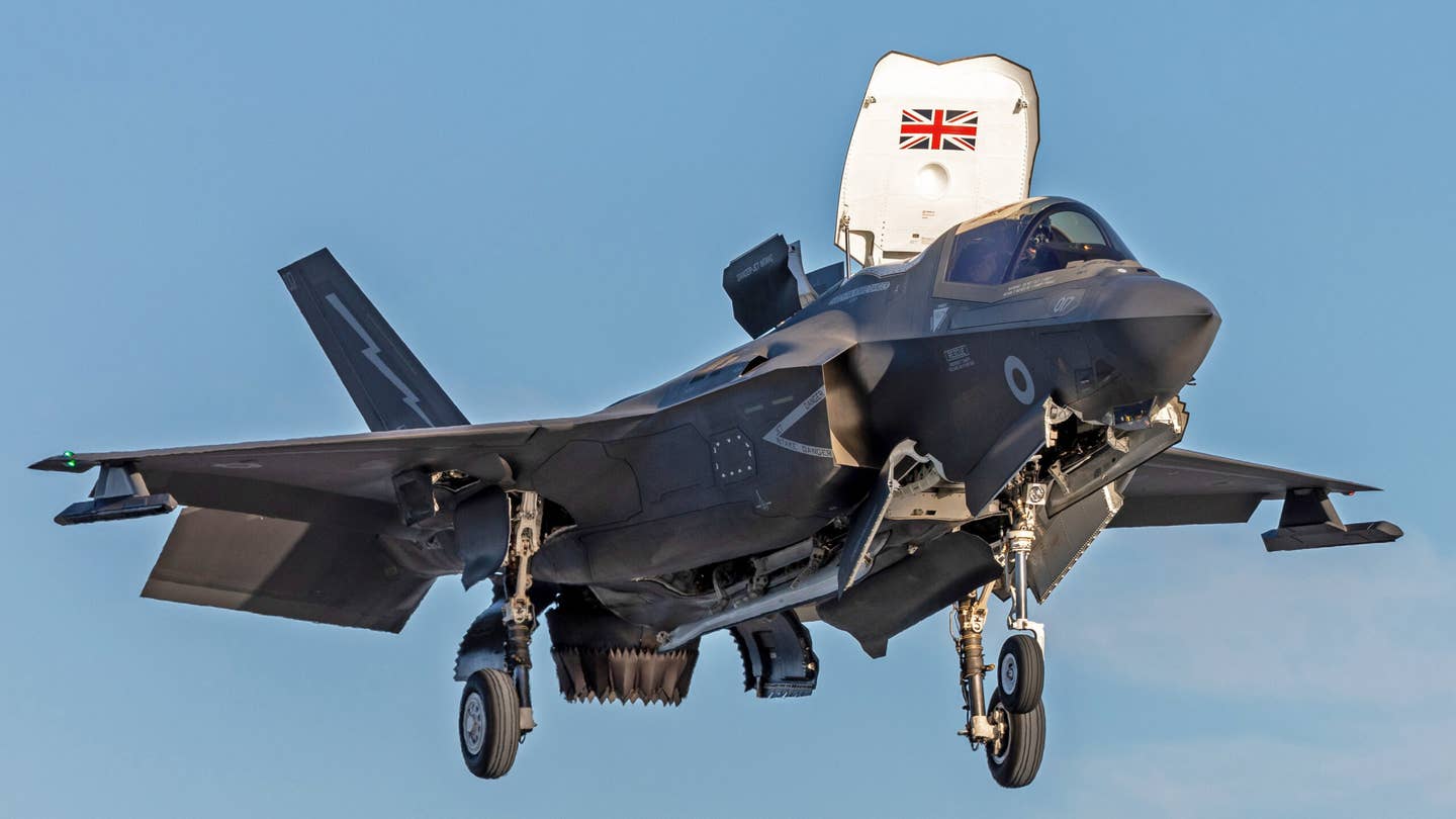 A 617 Sqn F-35B Lightning aircraft about to land onboard HMS Queen Elizabeth.