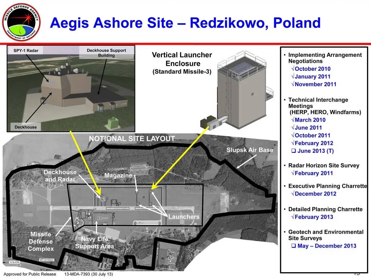 A briefing slide showing the planned layout of the Aegis Ashore Poland site as of 2013. <em>MDA</em>