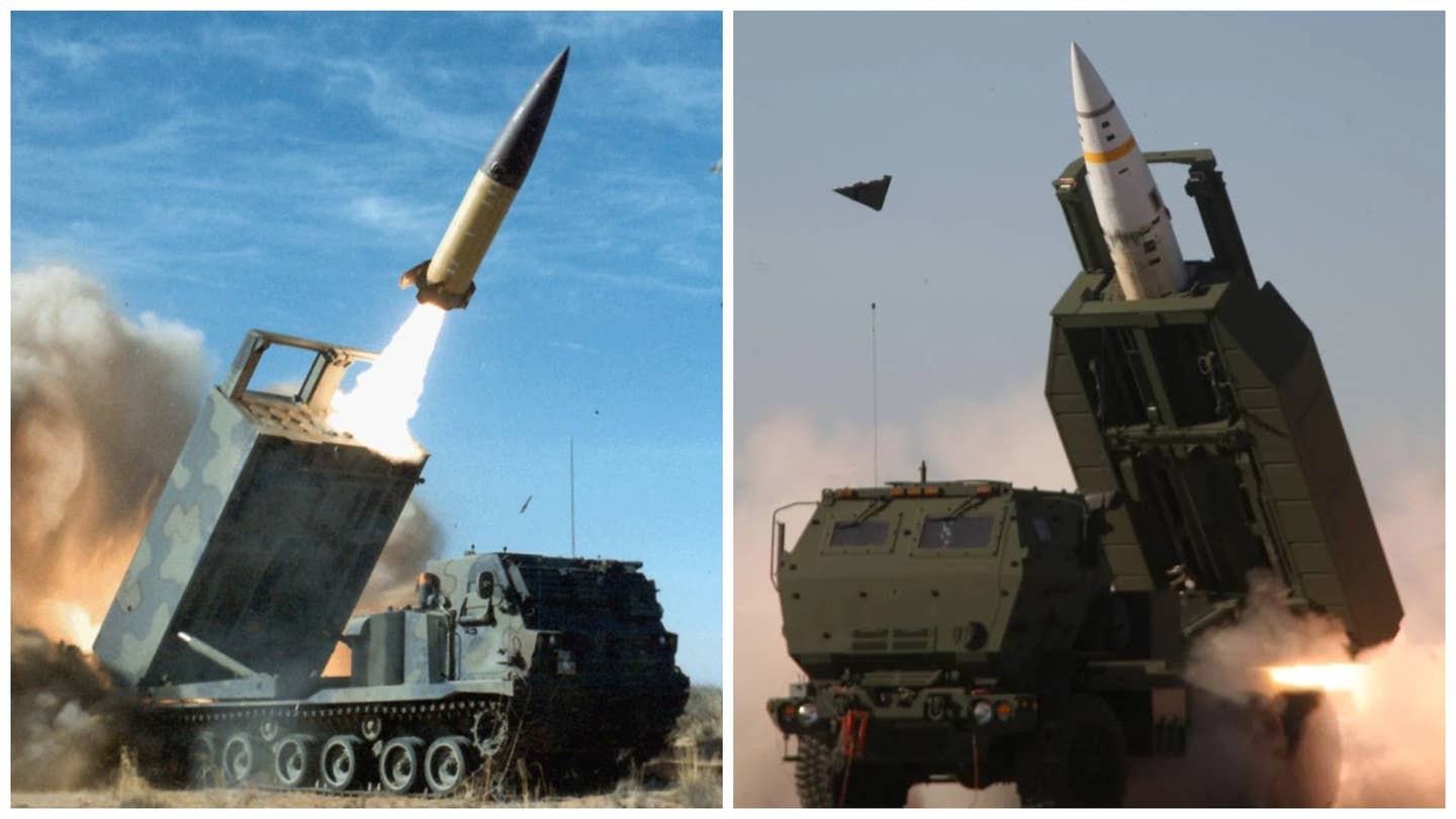 A composite image showing an M270, at left, and an M142, at right, firing ATAMCS missiles. <em>DOD</em>
