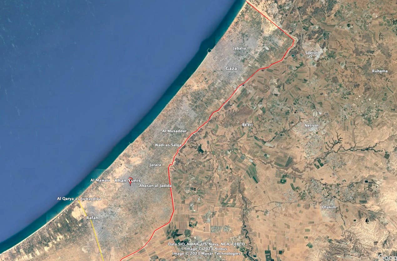 Khan Yunis is located in the middle of the widest part of Gaza. (Google Earth image)