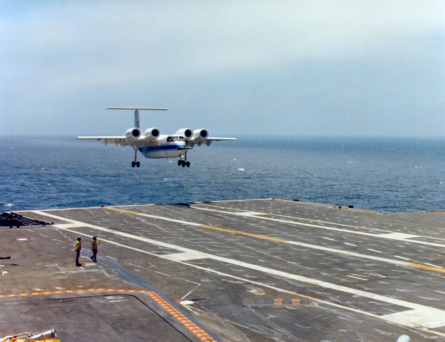 The QSRA during takeoff and landing trials onboard the USS <em>Kitty Hawk</em> in 1980. <em>NASA</em>