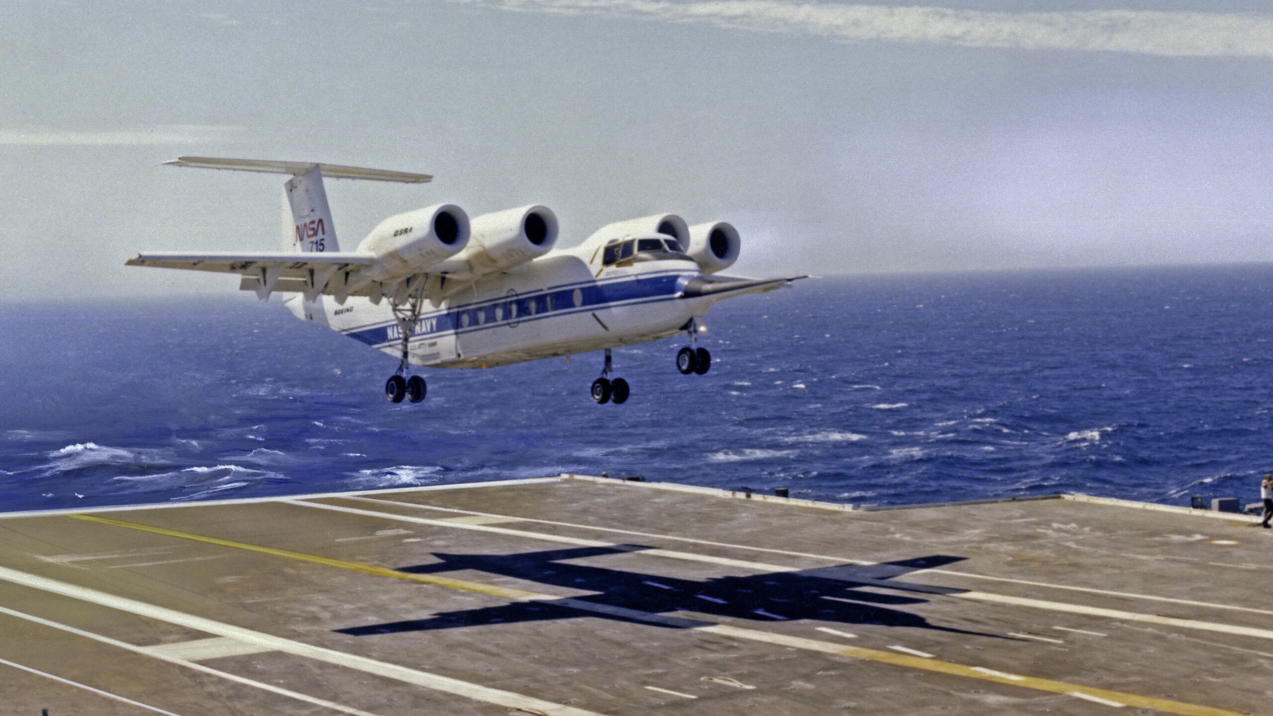 QSRA (NASA-715) carrier trials onboard Kitty Hawk off San Diego, CA (Quiet Short-Haul Aircraft is a modified C-8A)