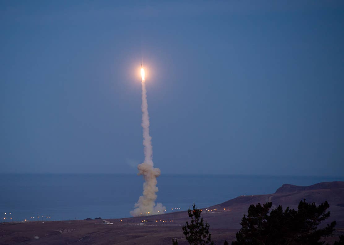 The upgraded Ground Based Interceptor (GBI) is launched from Vandenberg Space Force Base, California, during FTG-12, on December 11, 2023. <em>MDA</em><br>