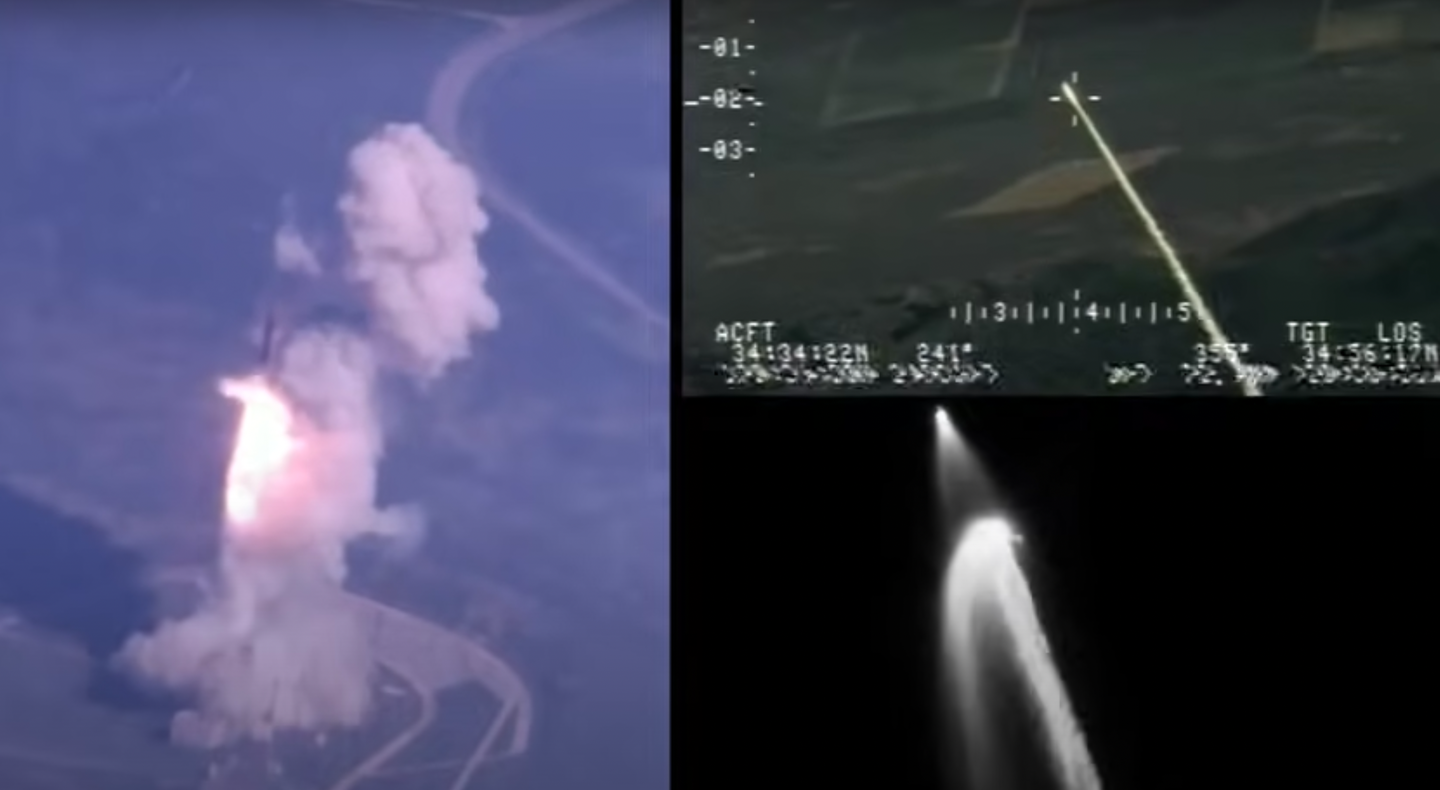 Footage shows the launch of the GBI from Vandenberg Space Force Base (left), as well as the threat-representative IRBM target (bottom right). <em>MDA</em>