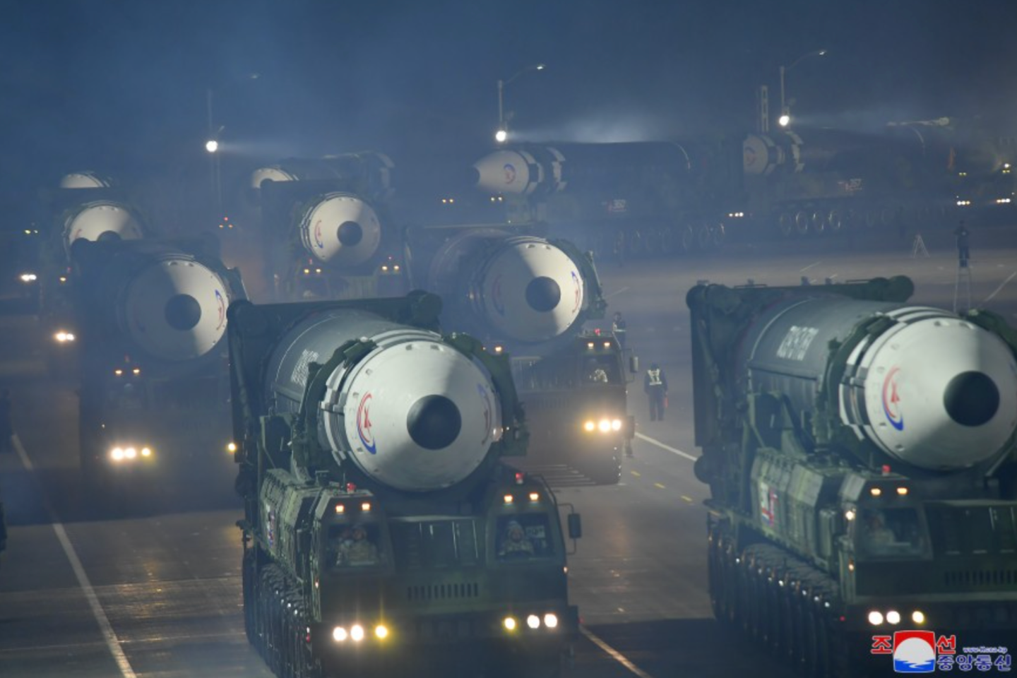 Multiple examples of the Hwasong-17 ICBM roll through Pyongyang. At least 10 are visible in this parade from early 2023.&nbsp;<em>KCNA</em>