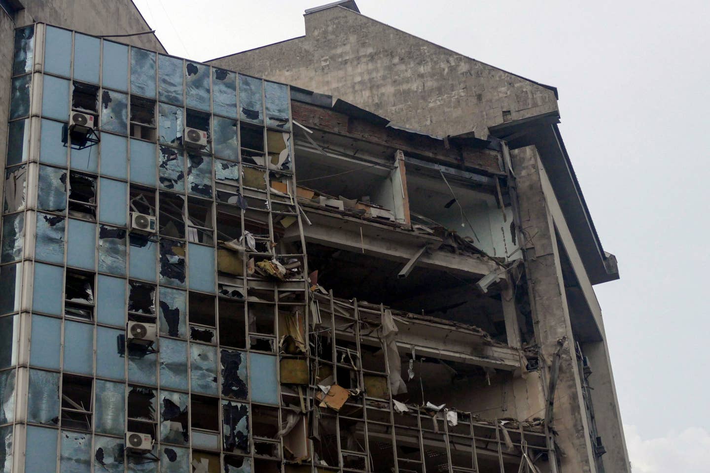 The Ukrainian Danube Shipping Company building shows damage caused by the Russian drone attack on the port infrastructure of Izmail situated on the Danube River Wednesday night, August 2, 2023, in Izmail, Odesa region, southern Ukraine. <em>Yulii Zozulia/Ukrinform/Future Publishing via Getty Images</em>