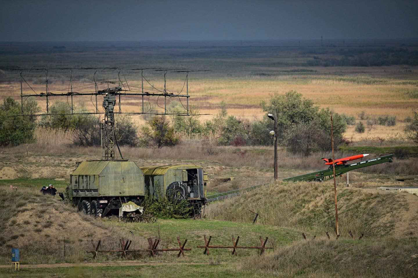 A drone is launched towards the Black Sea to be intercepted and destroyed by a Patriot air defense system during a drill at the Capu Midia firing range next to the Black Sea on November 15, 2023. <em>Photo by DANIEL MIHAILESCU/AFP via Getty Images</em>