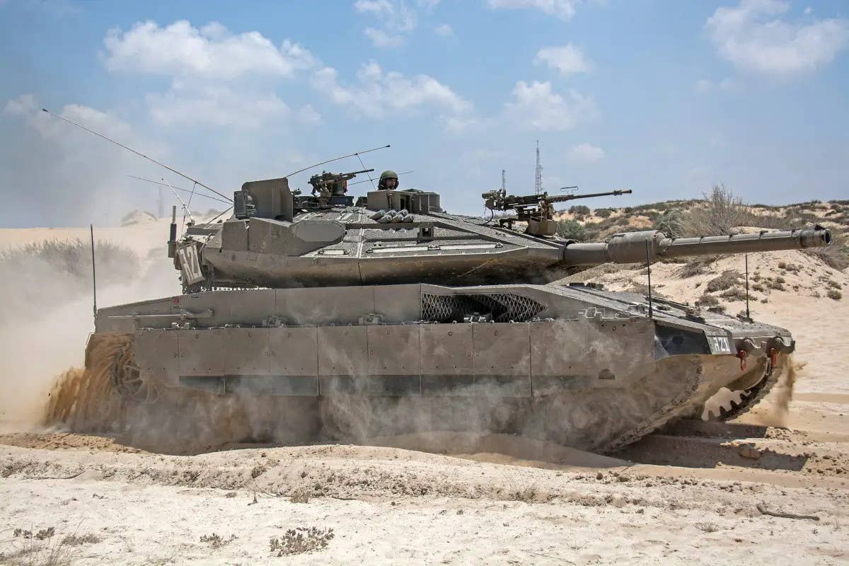 A stock photo of an Israeli Merkava Mk 4 with Trophy installed. <em>IDF</em>