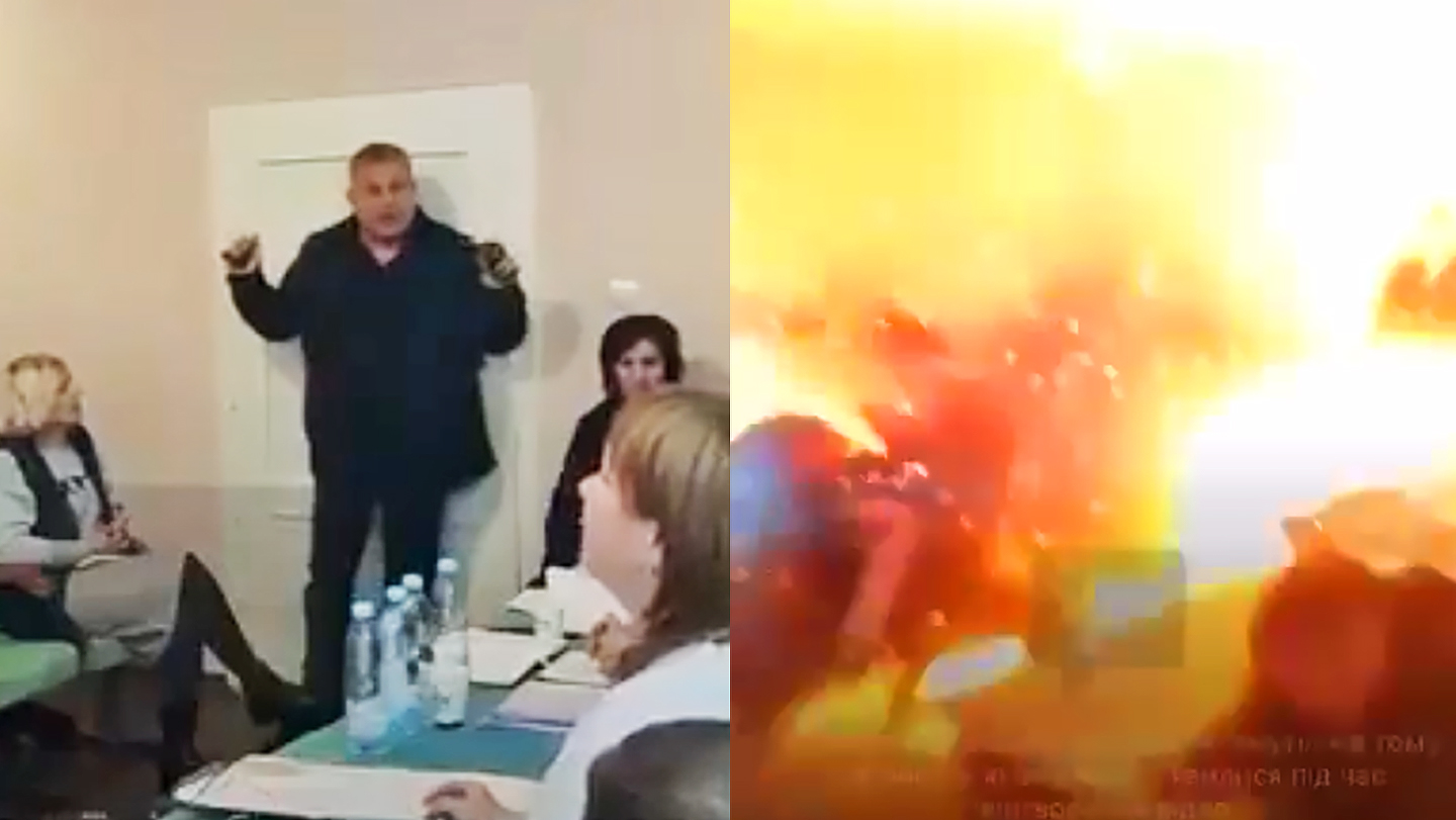A local government member in Ukraine conducts a grenade attack during a financial meeting