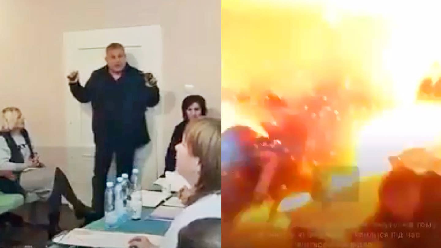 A local government member in Ukraine conducts a grenade attack during a financial meeting