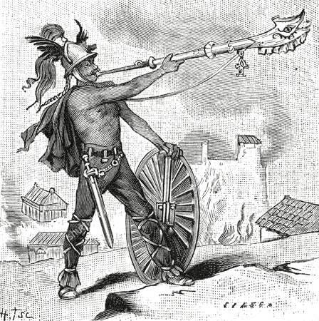 Illustration of a Gaul playing the carnyx. <em>Unknown author</em>