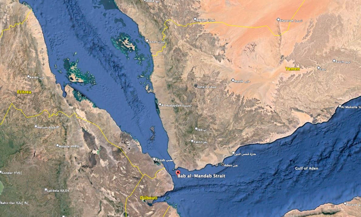 The Bab al-Mandab Strait between Yemen and Djibouti has become a dangerous chokepoint of Houthi attacks. (Google Earth image)