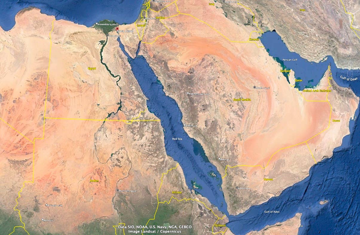 Neither Saudi Arabia, which nearly 950 miles of Red Sea frontage nor Egypt, which derives billions from the Suez Canal, have publicly taken part in Operation Prosperity Guardian. (Google Earth image)