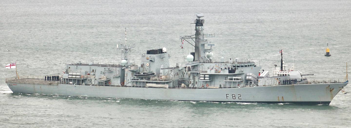 HMS Somerset coming into HMNB Devonport earlier today showing off its new Naval Strike Missile armament, which is seen just forward of the main superstructure. <em>Westward Shipping News</em>