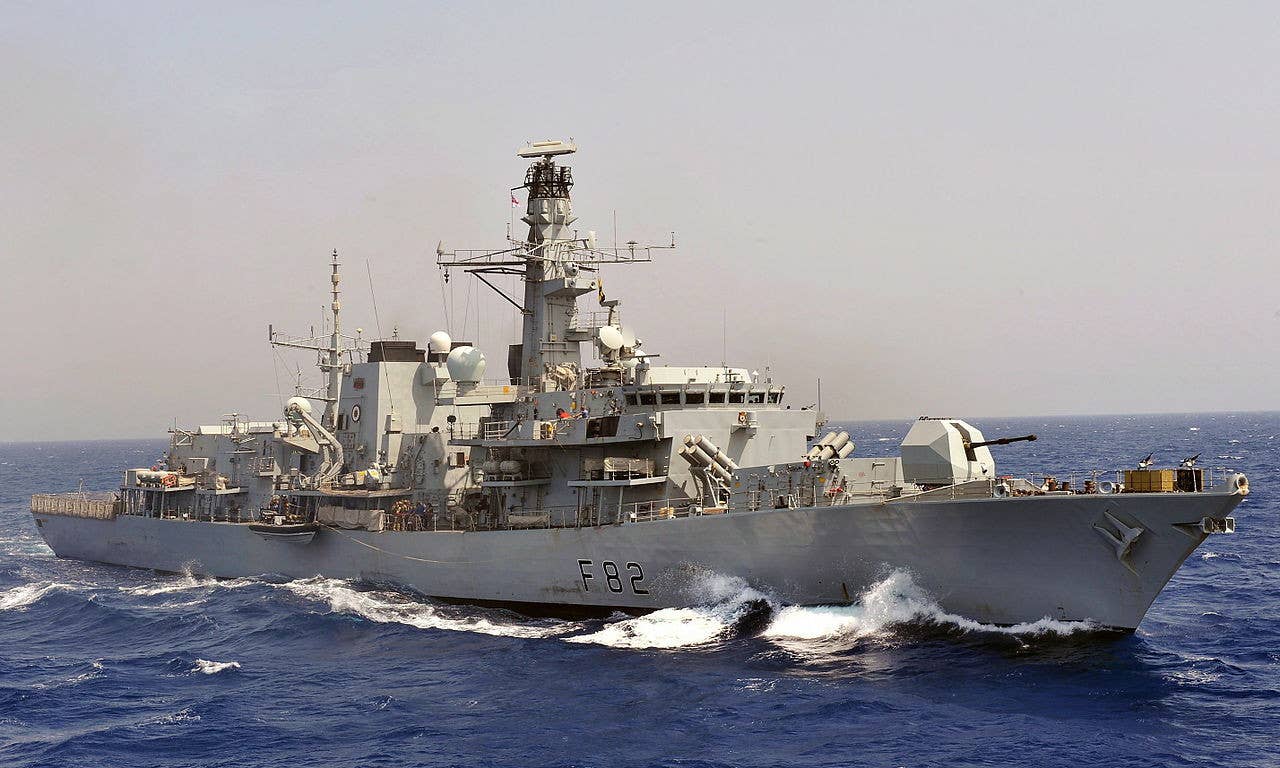 HMS <em>Somerset</em> in 2011 with its previous Harpoon anti-ship missile launchers visible in front of the main superstructure. <em>Crown Copyright</em>