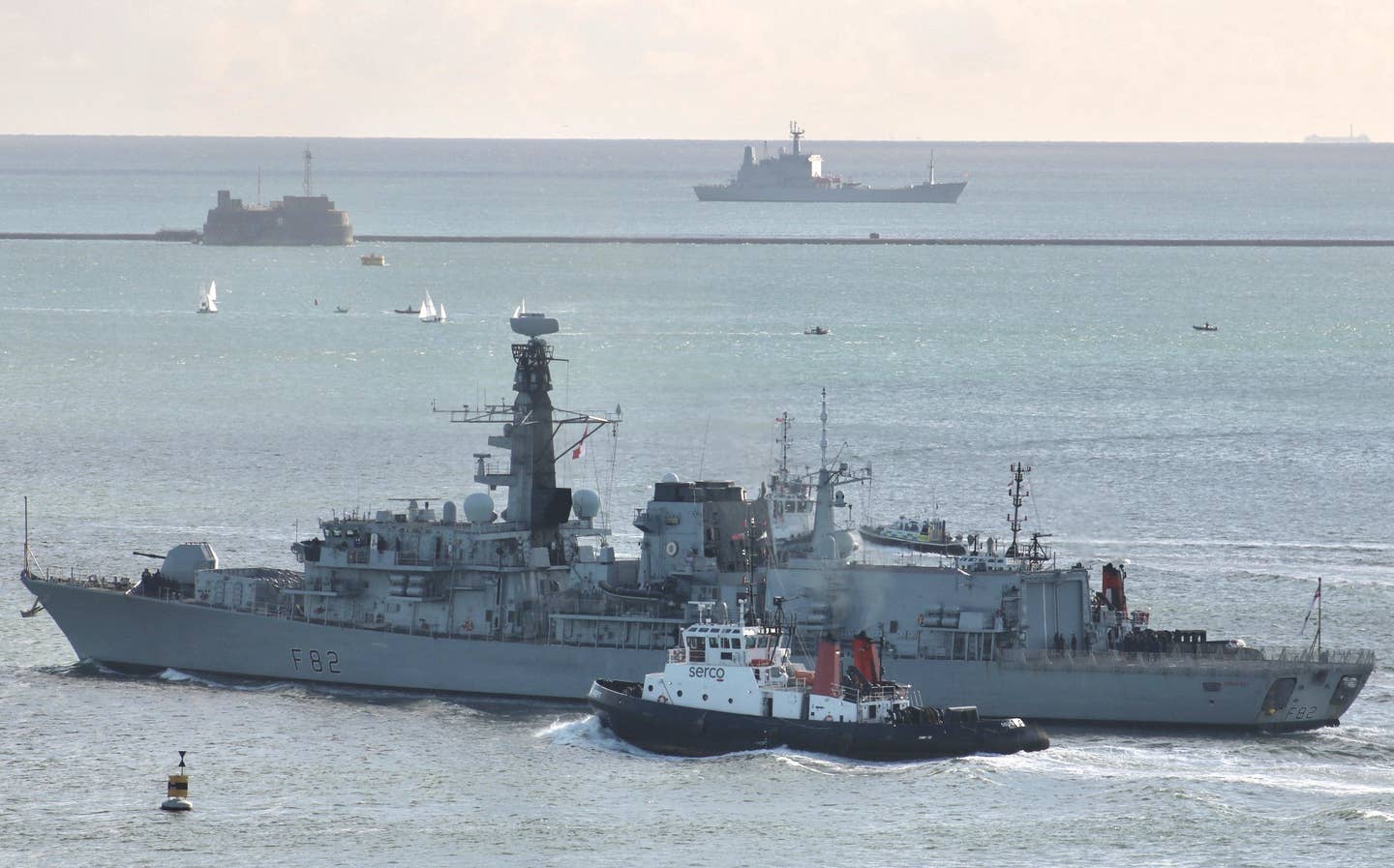 HMS <em>Somerset</em> seen leaving Devonport in October. The NSM launchers are visible, but without any missile canisters loaded on them. <em>Westward Shipping News</em>