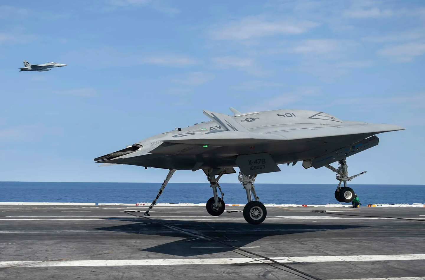 The Northrop Grumman X-47B demonstrator&nbsp;used for the abortive Unmanned Carrier-Launched Airborne Surveillance and Strike (UCLASS) program, which would have led to a final combat-ready design. <em>U.S. Navy</em>