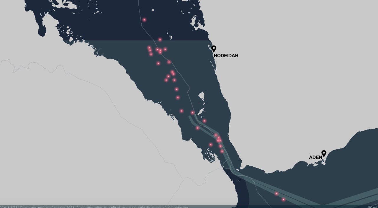 Ambrey data shows nearly three dozen Houthi-related incidents in the Red Sea and Bab al-Mandab Strait in just the past month. (Ambrey incident map)