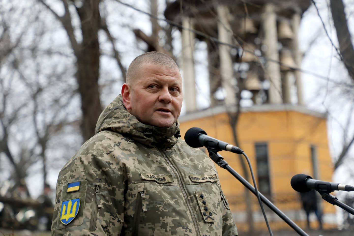 Commander-in-Chief of the Armed Forces of Ukraine Lt. Gen. Valerii Zaluzhnyi delivers a speech in Kyiv, immediately before the full-scale Russian invasion of Ukraine. <em>Yuliia Ovsiannikova / Ukrinform/Future Publishing via Getty Images</em>