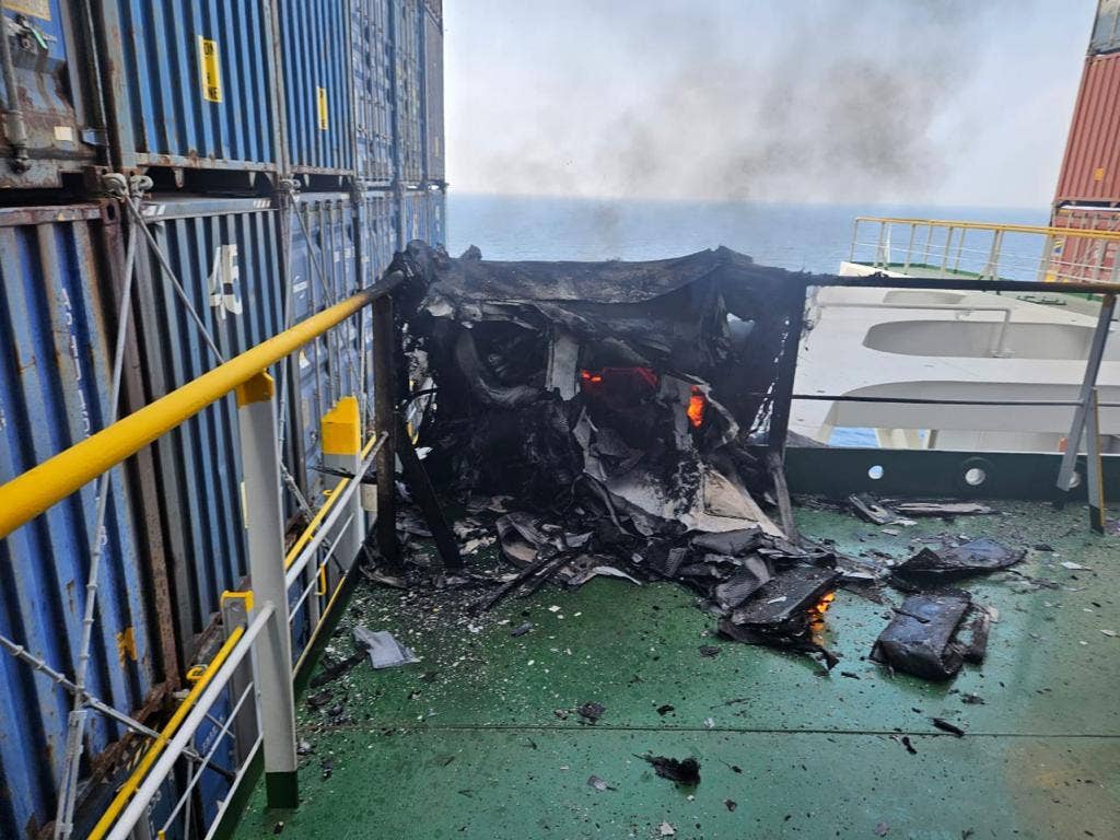 The aftermath of the suspected Houthi drone attack on the <em>CMA CGM Symi</em>. (Ambrey photo)