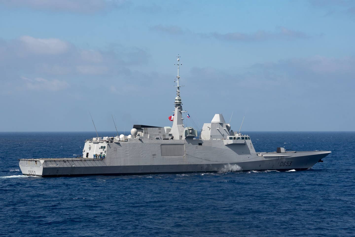 France's&nbsp;<em>Aquitaine</em>-class frigate&nbsp;<em>Languedoc</em>, patrolling off the coast of Yemen, shot down a drone in the Red Sea. (French MOD)