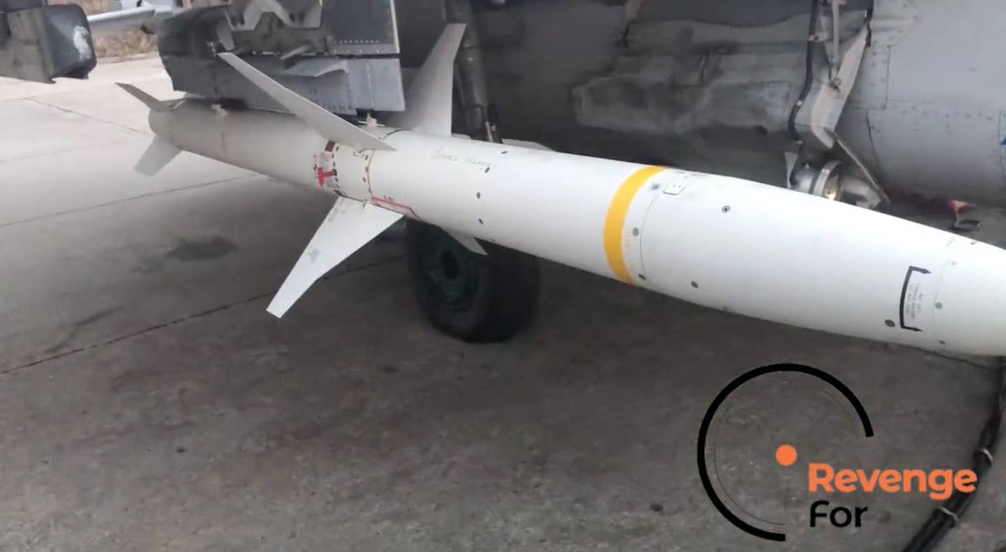 An AGM-88 HARM loaded on a MiG-29, seen here in a screen capture from a video previously released by a Ukrainian organization called RevengeFor. <em>RevengeFor capture via X</em>